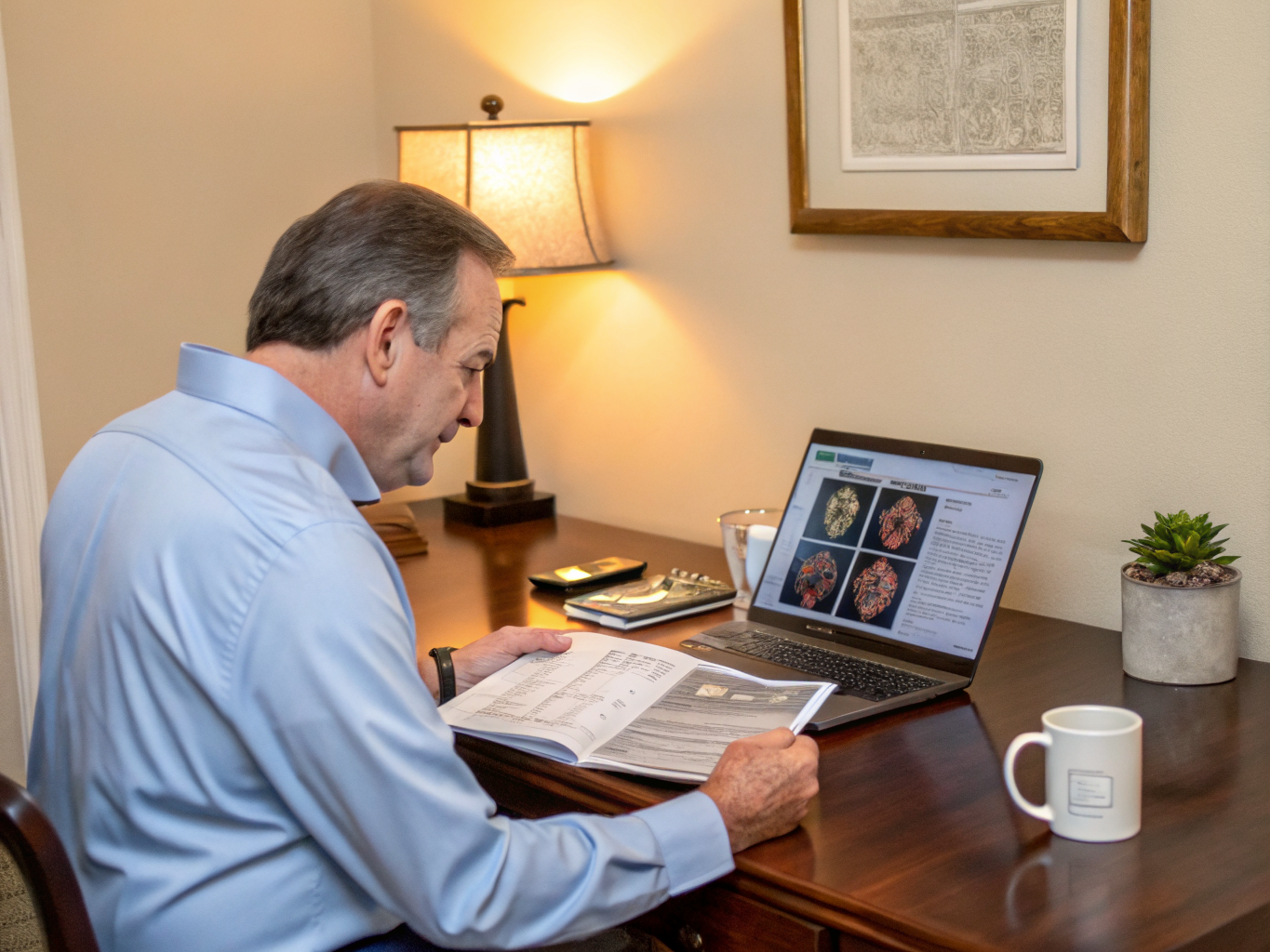 Patient and navigator discussing treatment plans over a desk
